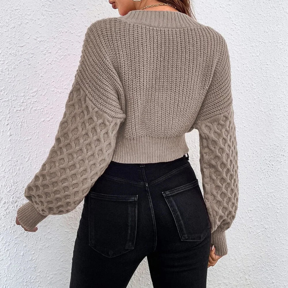 Khaki Casual Women's Cable Knit Drop Shoulder Cardigan - Picture 2 of 6